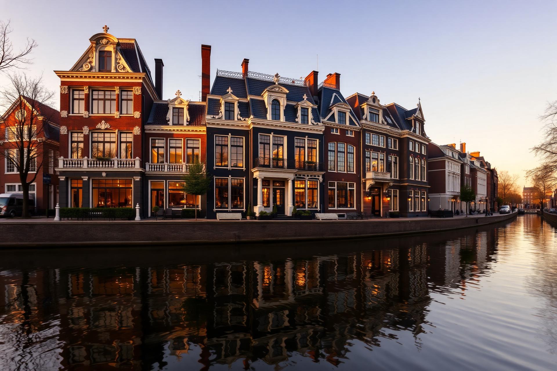 Luxury Amsterdam canal houses at golden hour